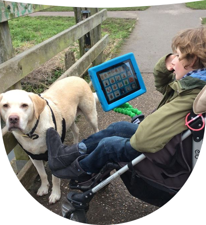Kid with an AAC device mounted on wheelchair watching a dog in the yard